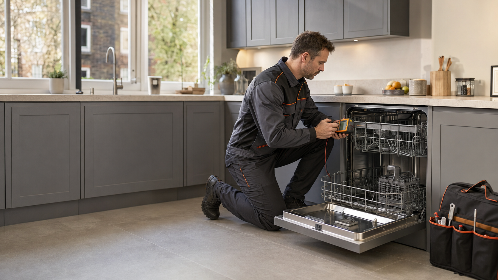 Professional appliance engineer diagnosing a dishwasher in a modern kitchen