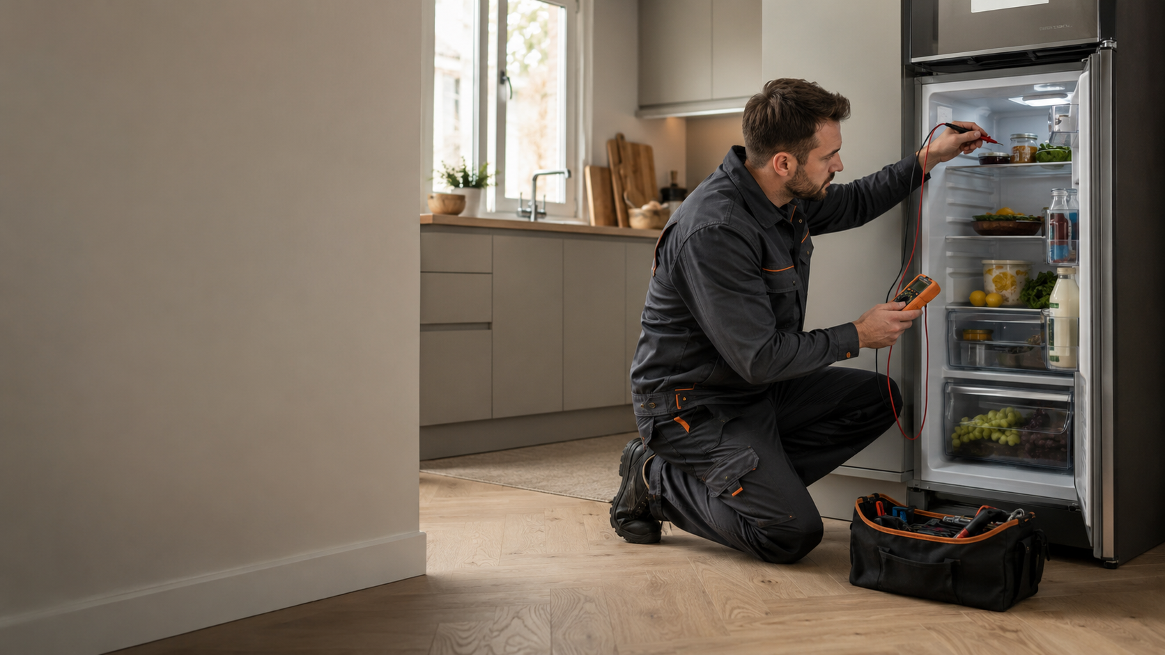 Professional appliance engineer diagnosing a fridge freezer in a modern kitchen
