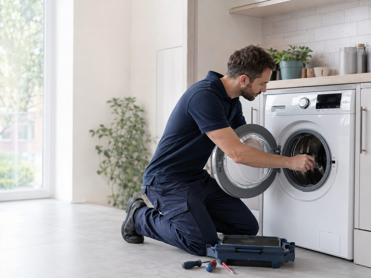 Elserve engineer inspecting a front-loading washing machine